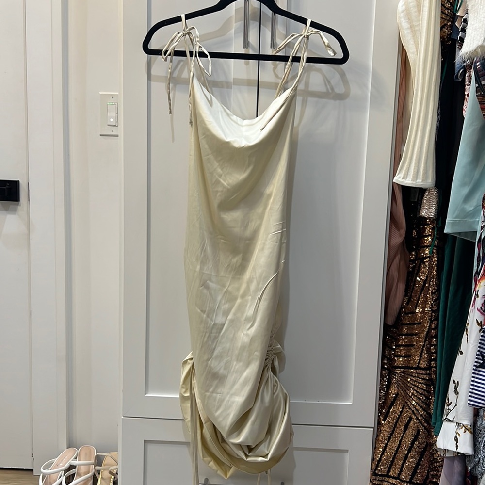 Champagne color satin drawstring dress